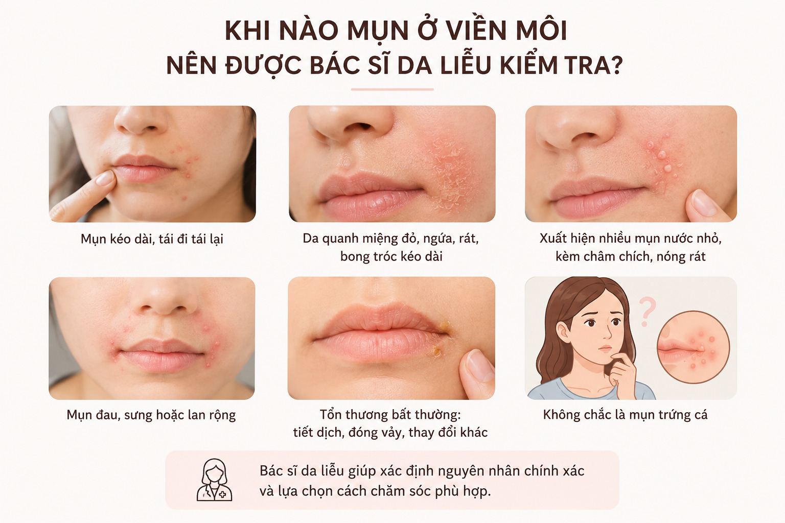 Nhận biết những dấu hiệu bất thường của mụn ở viền môi để thăm khám da liễu kịp thời.