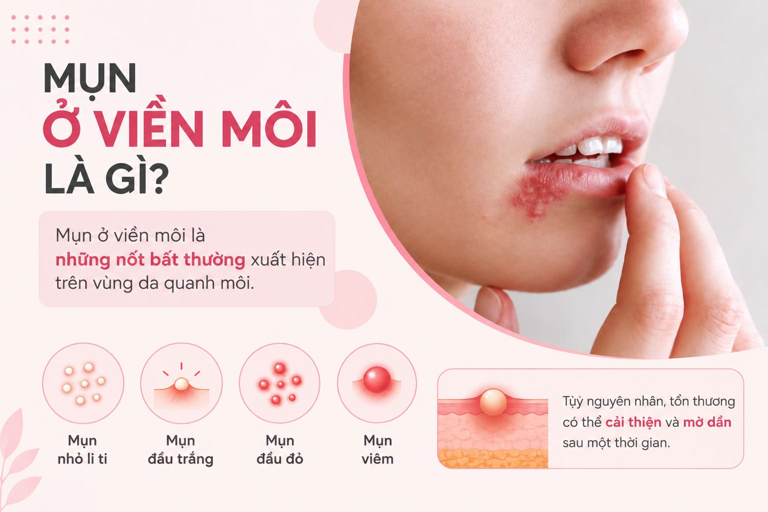 Mụn ở viền môi thường được nhận biết qua các nốt bất thường xuất hiện quanh mép môi.