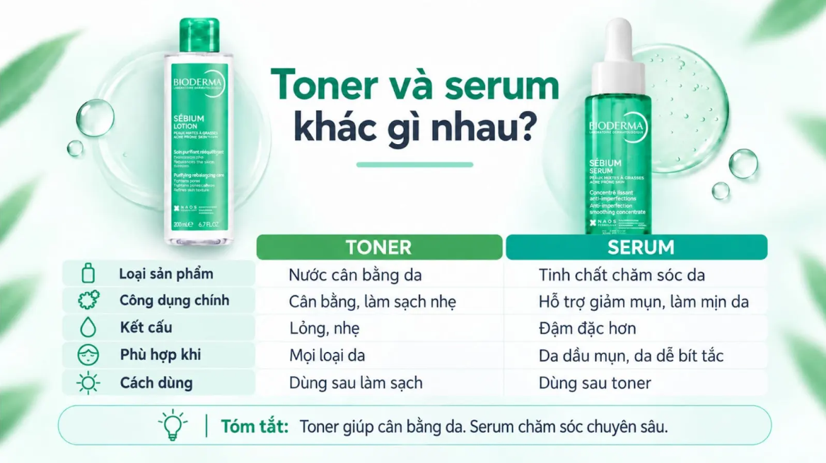 Toner là bước cân bằng da, serum là bước chăm sóc chuyên sâu trong chu trình chăm sóc da hằng ngày.