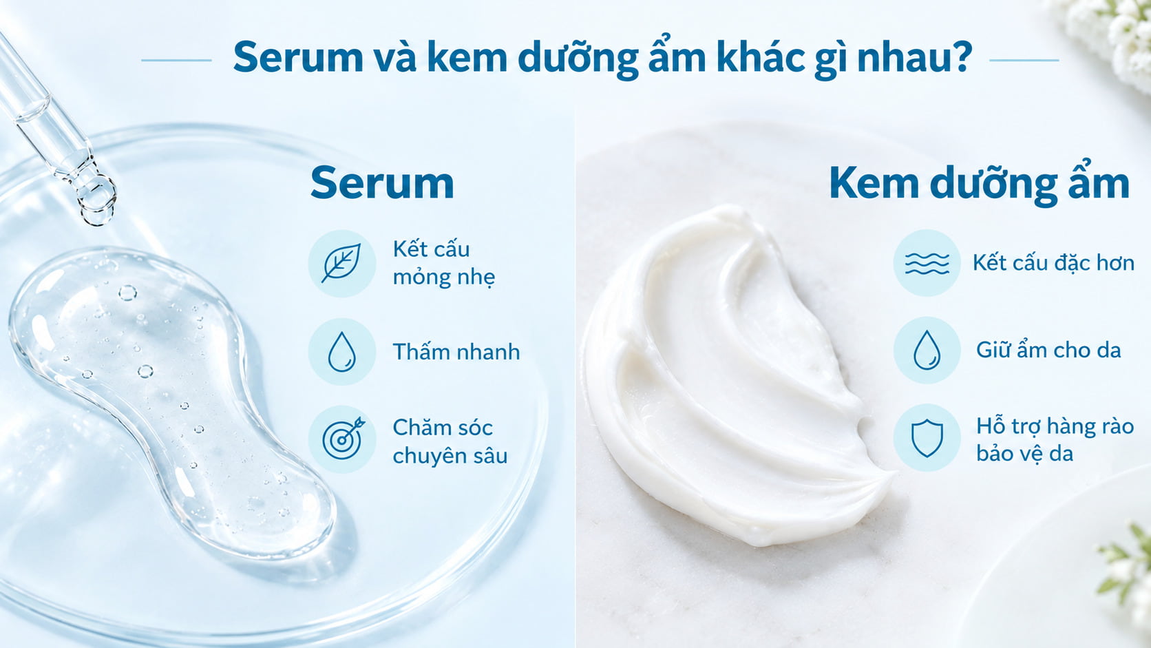 Serum có kết cấu mỏng nhẹ, thấm nhanh và hỗ trợ chăm sóc chuyên sâu, trong khi kem dưỡng ẩm giúp duy trì độ ẩm và củng cố hàng rào bảo vệ da.