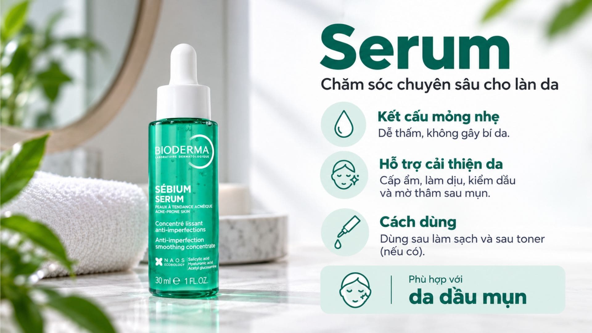 Sébium Serum có kết cấu mỏng nhẹ, phù hợp với da dầu mụn và hỗ trợ chăm sóc da theo nhu cầu chuyên sâu.