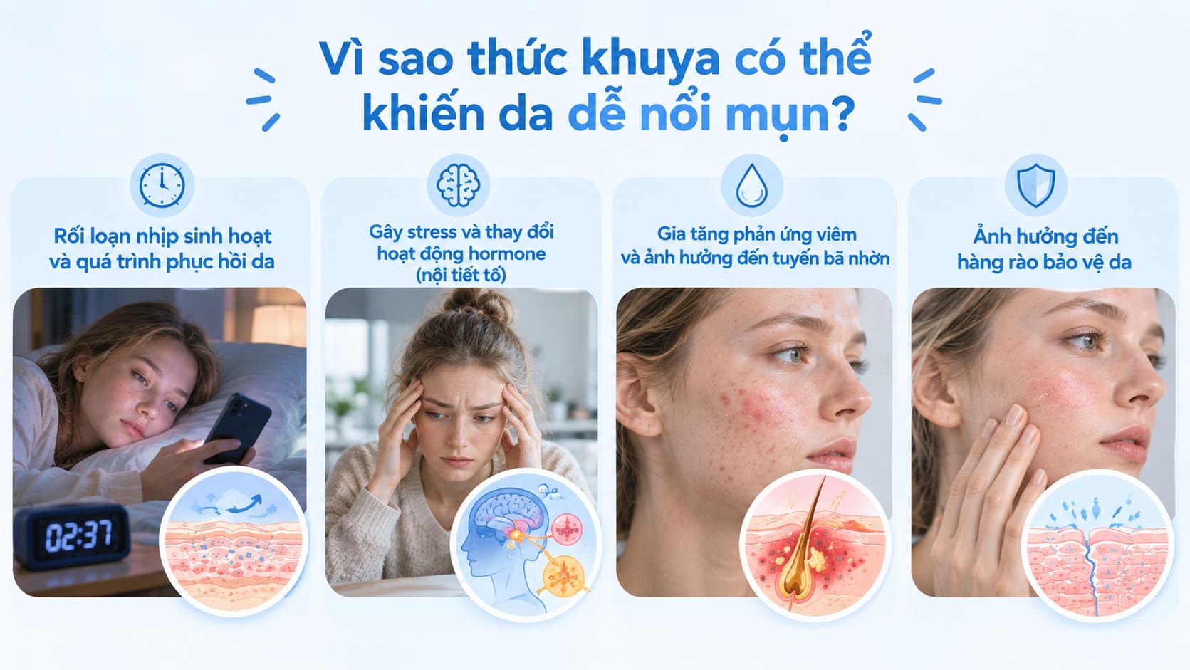 Thức khuya tác động đến nhiều cơ chế liên quan đến mụn