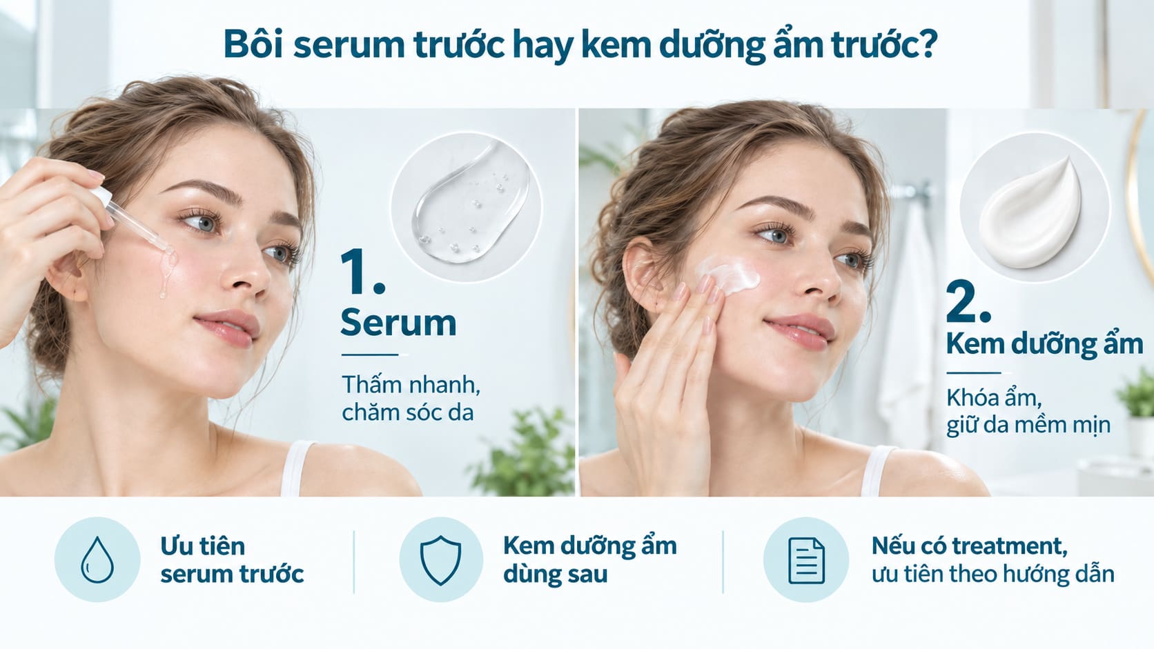 Serum nên được dùng trước kem dưỡng ẩm để hỗ trợ chăm sóc da chuyên sâu, sau đó kem dưỡng giúp khóa ẩm và duy trì làn da mềm mịn.