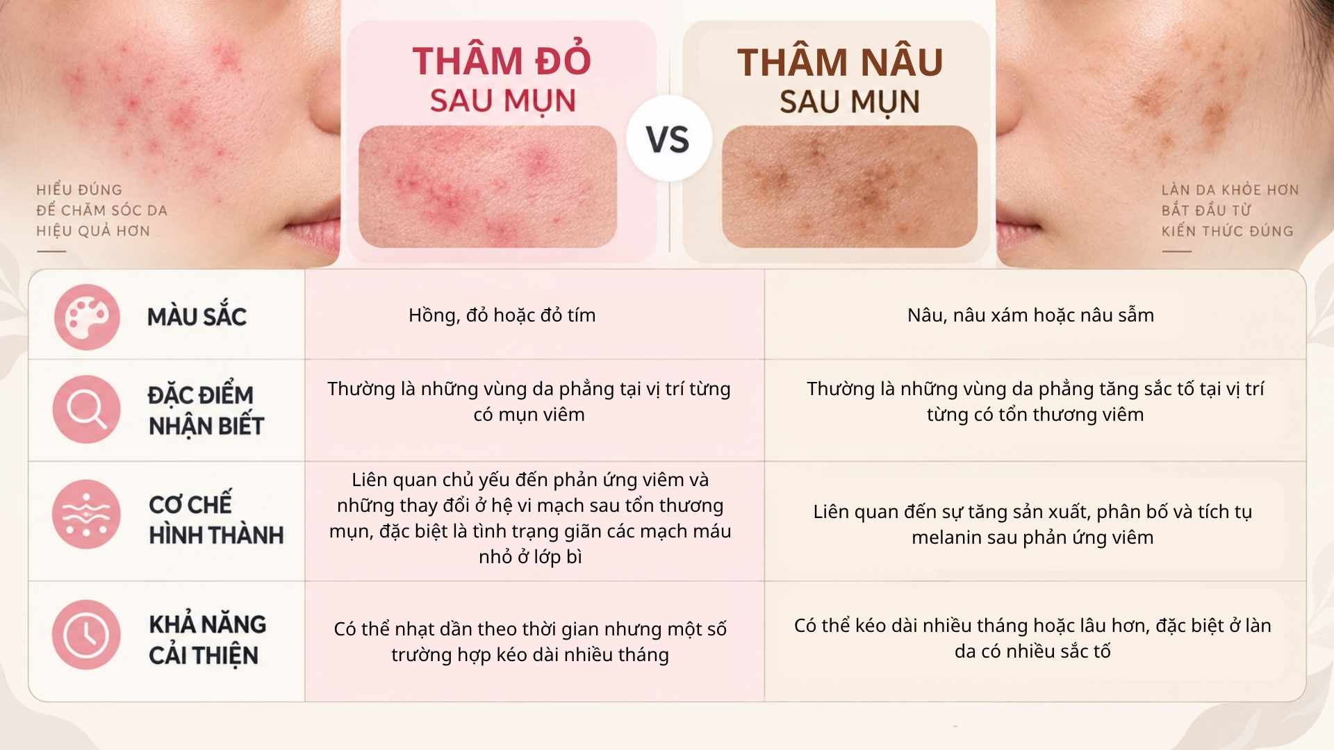 Phân biệt thâm đỏ và thâm nâu sau mụn qua màu sắc, cơ chế hình thành và hướng chăm sóc