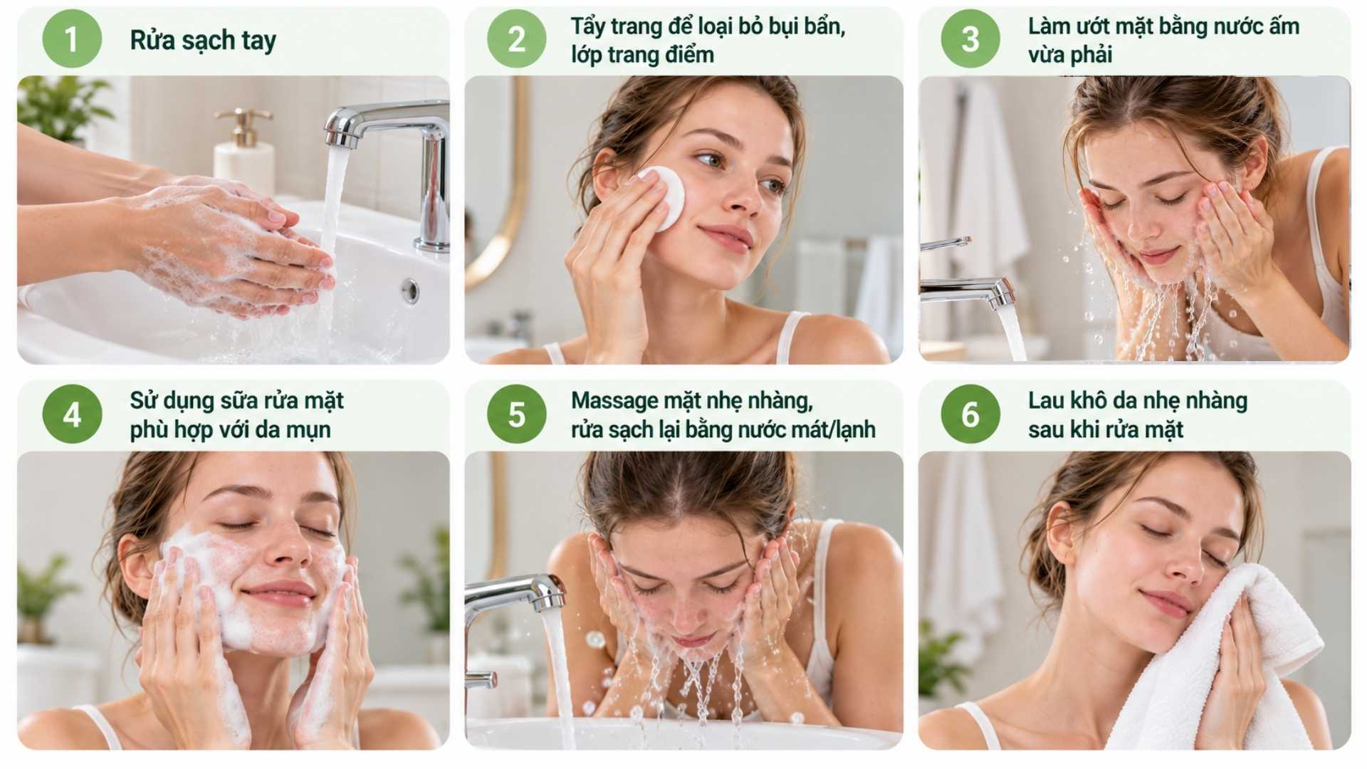 Các bước rửa mặt đúng cách giúp làm sạch da mụn nhẹ nhàng và hạn chế kích ứng