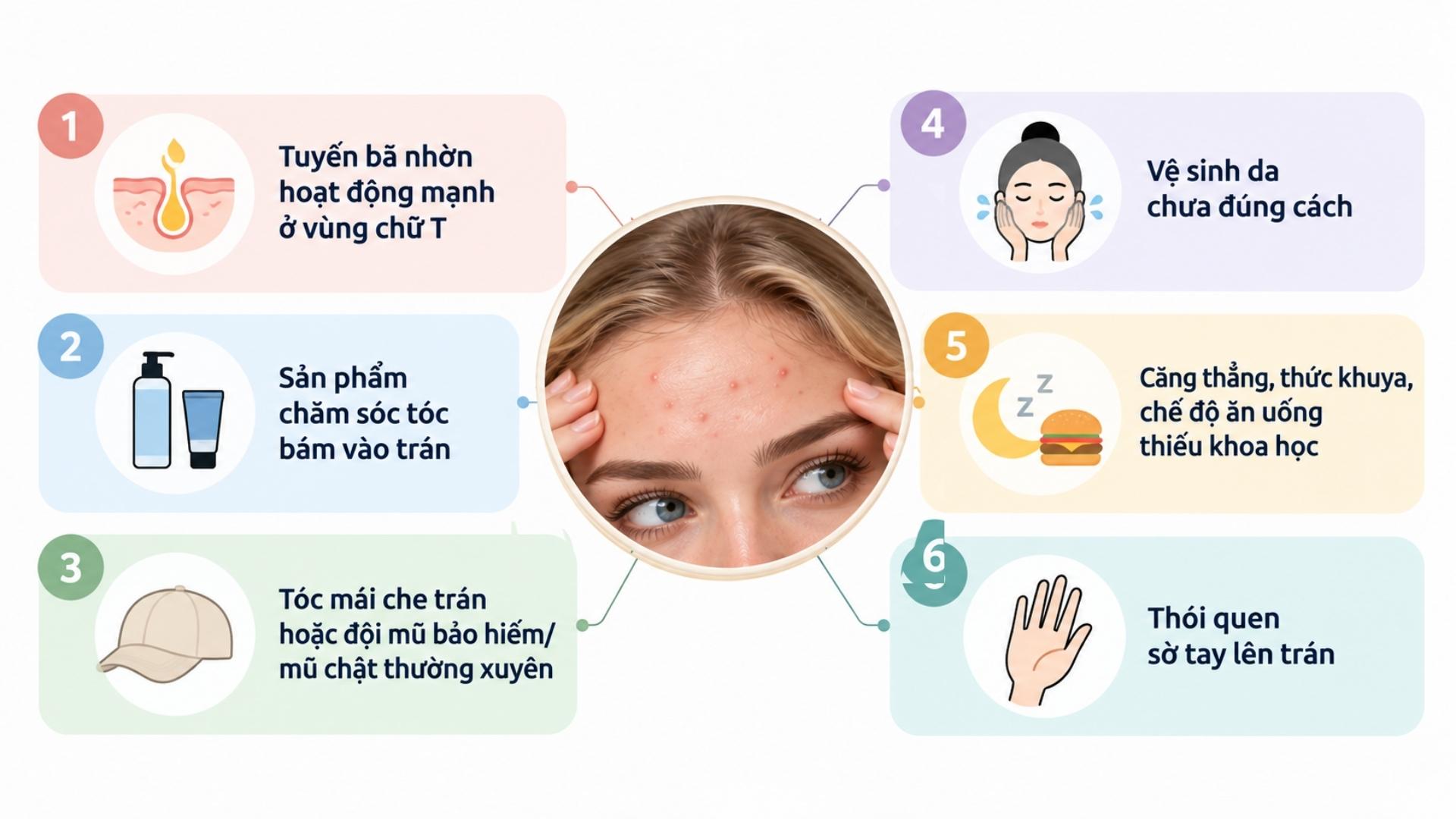 Mụn trứng cá ở trán có thể liên quan đến nhiều yếu tố như dầu thừa, sản phẩm chăm sóc tóc và ma sát