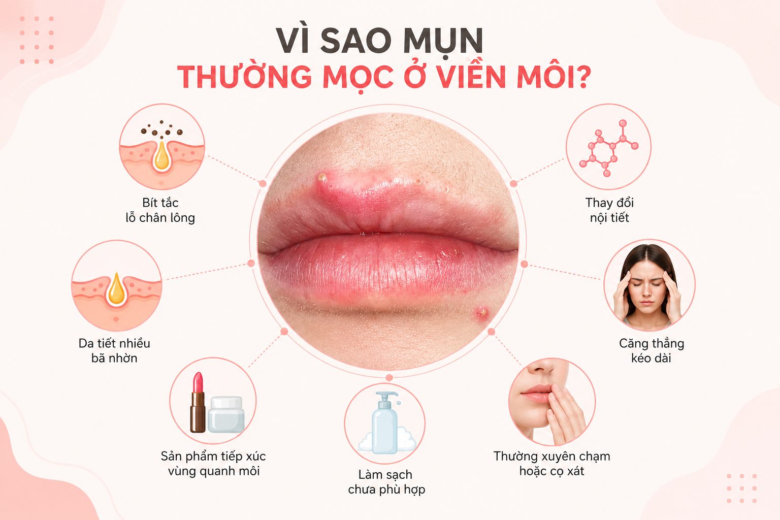 Các yếu tố như bít tắc lỗ chân lông, dầu thừa, mỹ phẩm và thay đổi nội tiết có thể góp phần gây mụn ở viền môi. 