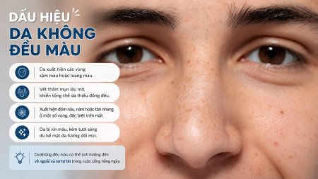 Da không đều màu khiến một số vùng da sẫm hoặc nhạt màu hơn vùng xung quanh.