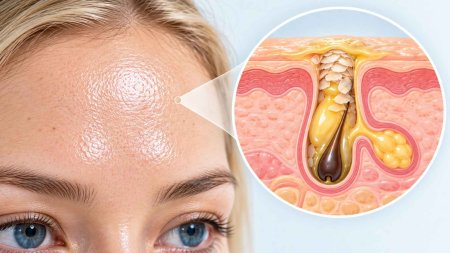 Vùng trán dễ bóng dầu, và dầu thừa kết hợp với tế bào chết có thể góp phần gây bít tắc nang lông